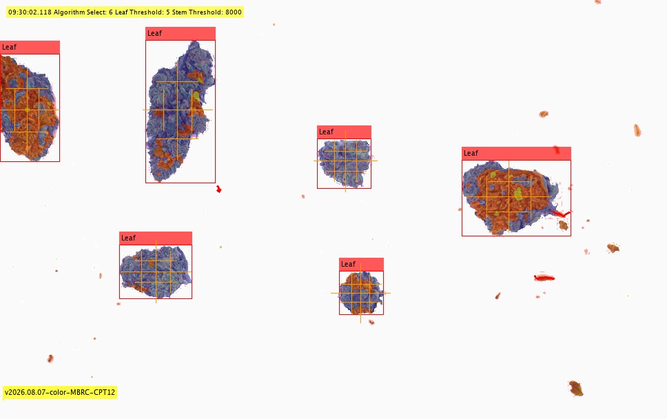 Six flowers, every one labelled Leaf and covered in orange marks. The yellow readout line shows Leaf Threshold 5.