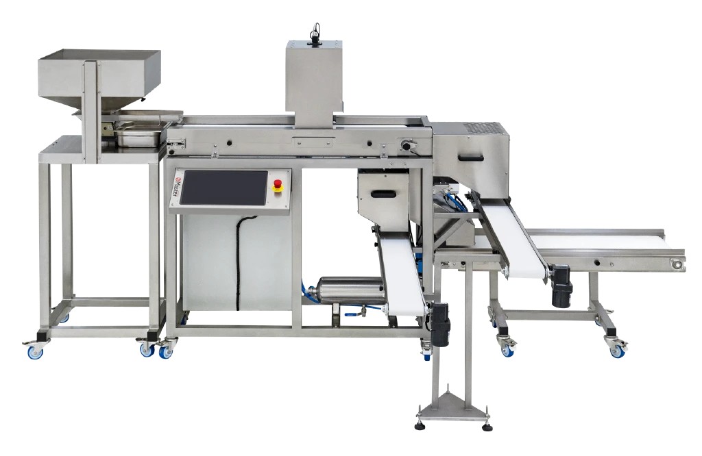 Side view of the sorter with nine numbered parts: hopper and feeder, belt, camera hood, touchscreen, emergency stop, sorting section, output conveyors, air tank and electrical cabinet.