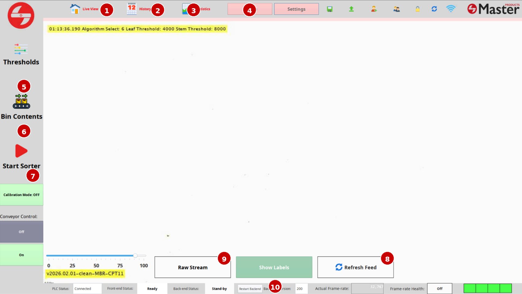 Screenshot of the operator panel with ten numbered areas: Live View, History, Statistics, Recipe, Bin Contents, Start Sorter, Calibration Mode, Refresh Feed, Raw Stream and the status strip.