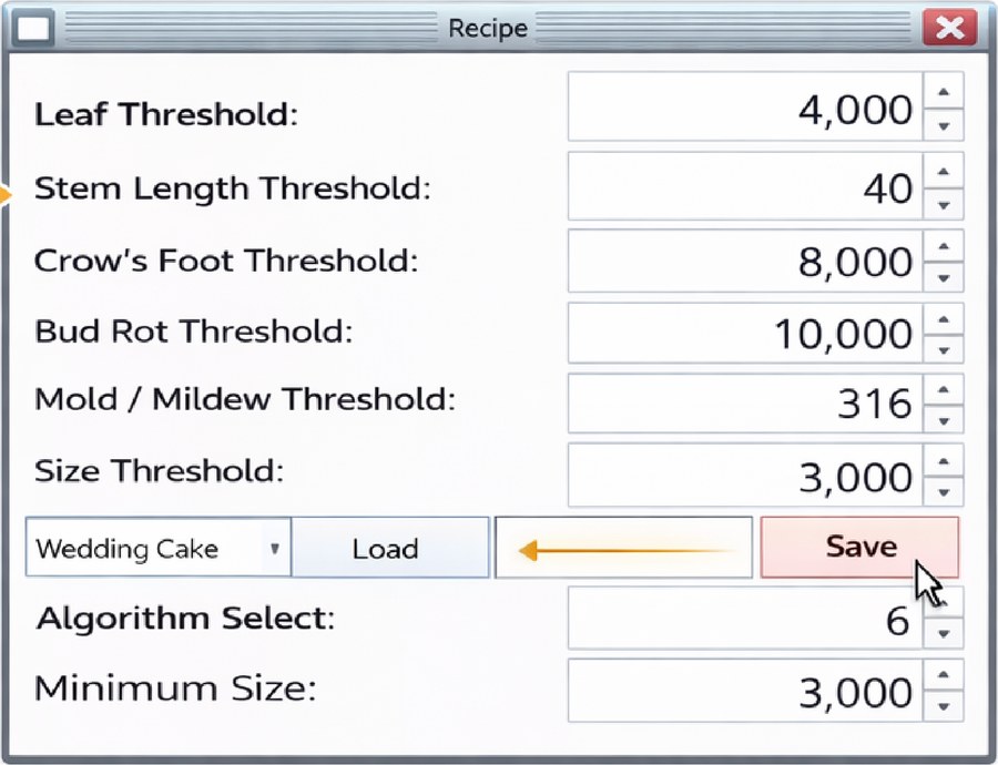 The Recipe window with fields for Leaf Threshold, Stem Length Threshold, Crow's Foot Threshold, Bud Rot Threshold, Mold / Mildew Threshold, Size Threshold, Algorithm Select and Minimum Size, a recipe list, a name box, and Load and Save buttons.