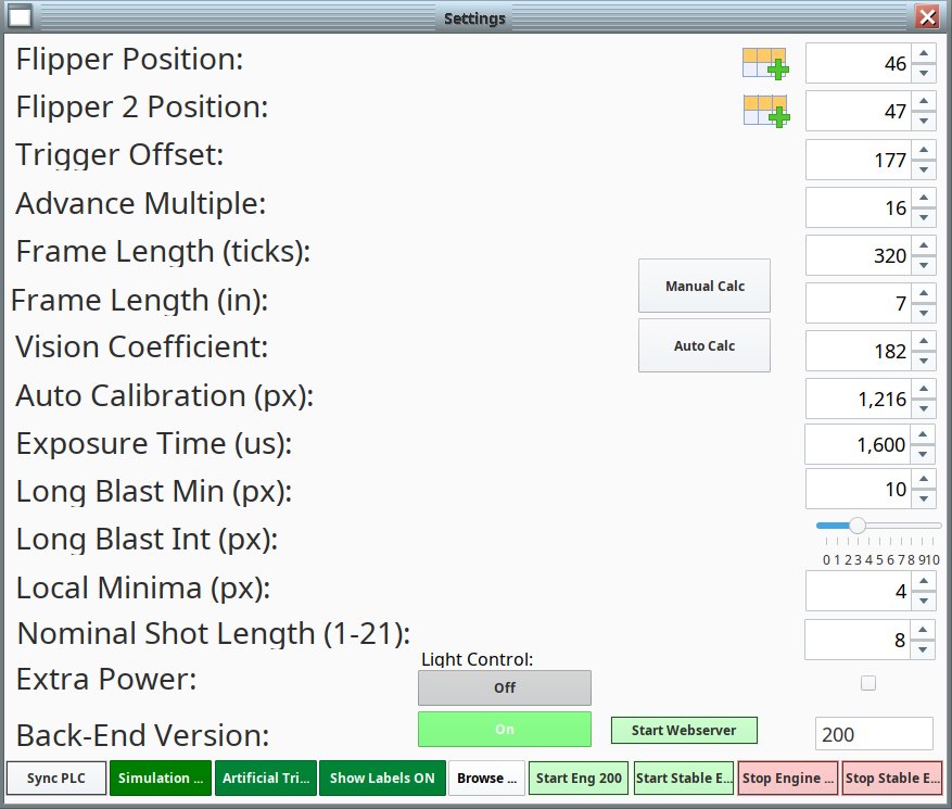 The Settings window, listing Flipper Position, Trigger Offset, Advance Multiple, Frame Length, Vision Coefficient, Auto Calibration, Exposure Time, Long Blast, Local Minima, Nominal Shot Length, Extra Power, Light Control and Back-End Version, with a row of engine buttons along the bottom.